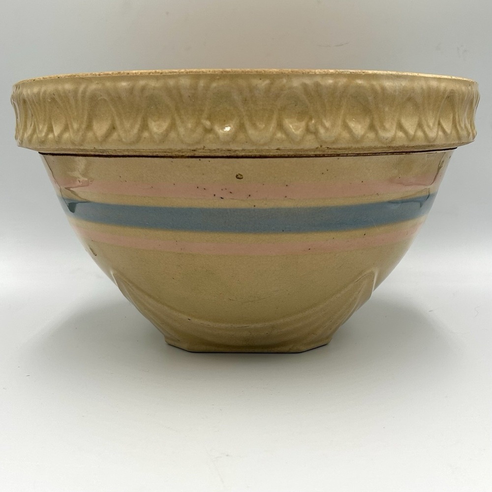 McCoy Yellow Ware Mixing Bowl Pink Blue Stripe Pie‎ Crust Edge 10.5" 1930s USA